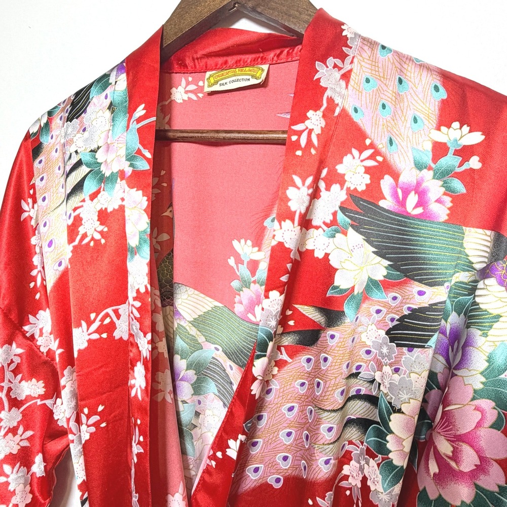 Vintage Oriental Village Silk Collection Red Peacock Floral Kimono Robe One Size